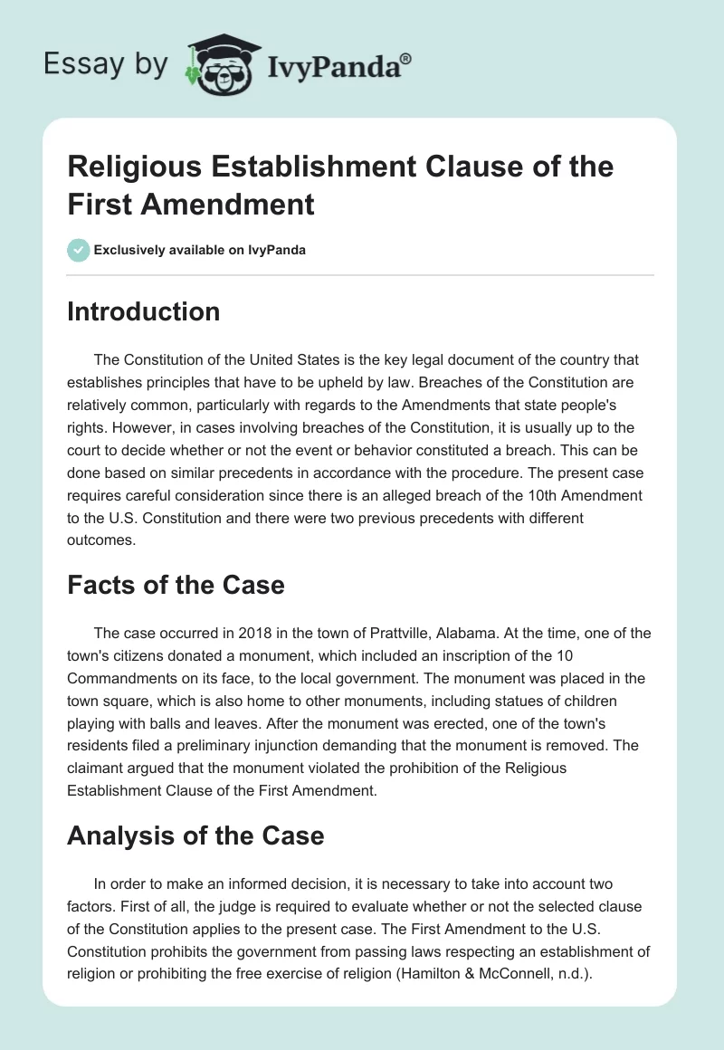 Religious Establishment Clause of the First Amendment. Page 1