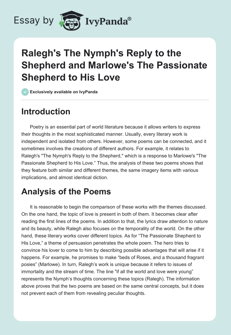 Ralegh's "The Nymph's Reply to the Shepherd" and Marlowe's "The Passionate Shepherd to His Love". Page 1