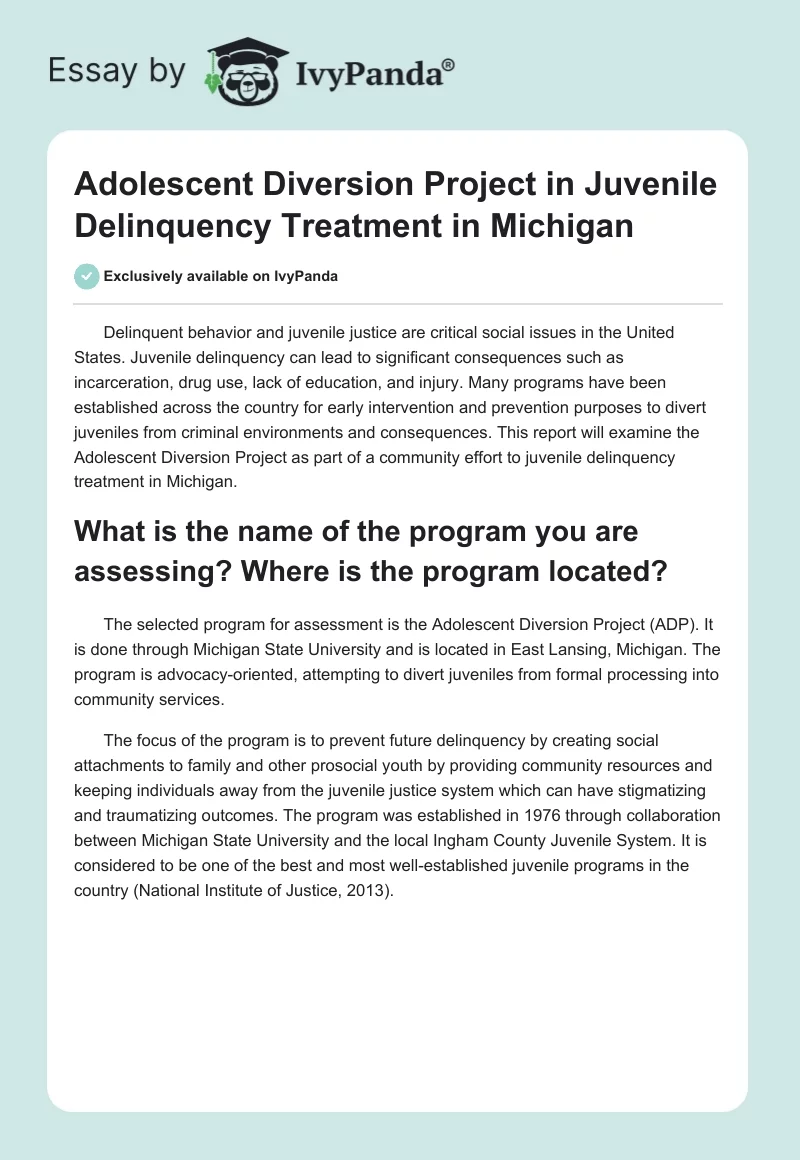 Adolescent Diversion Project in Juvenile Delinquency Treatment in Michigan. Page 1