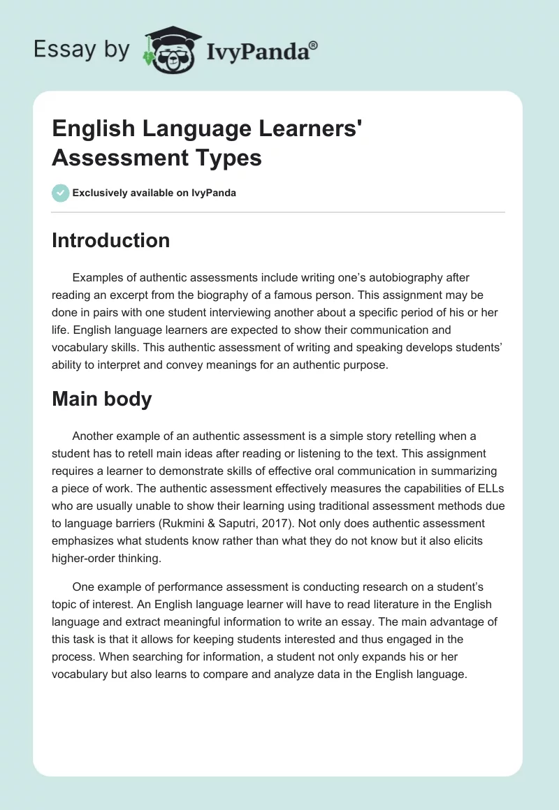 English Language Learners' Assessment Types. Page 1