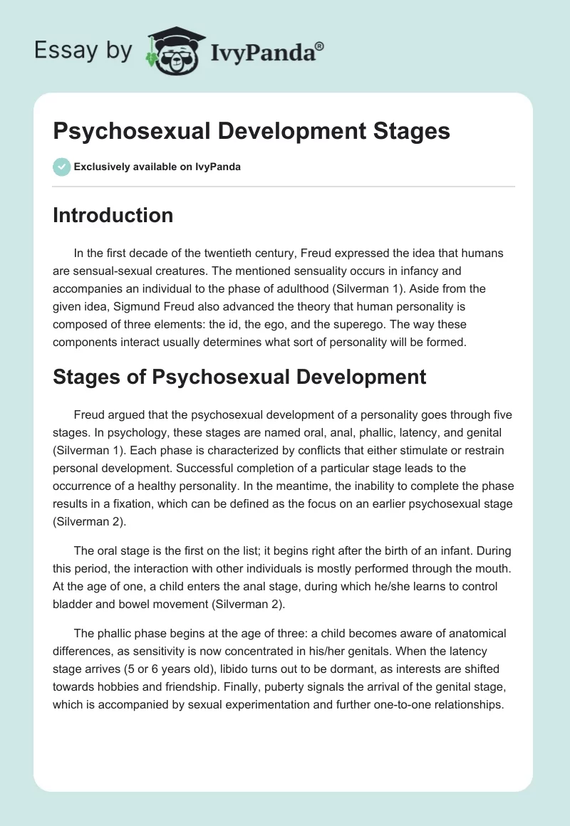 Psychosexual Development Stages 647 Words Essay Example