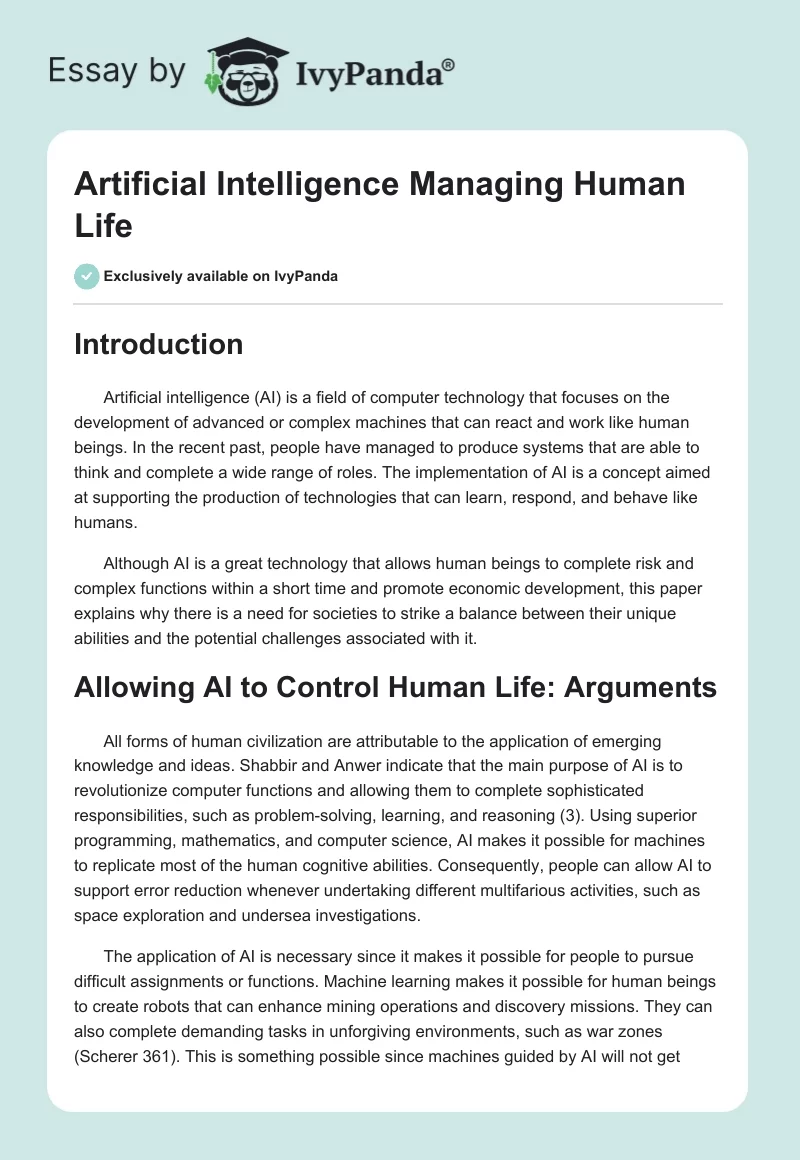 Artificial Intelligence Managing Human Life. Page 1