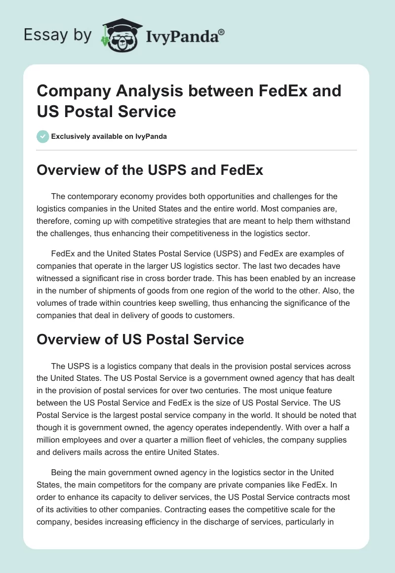 Company Analysis between FedEx and US Postal Service. Page 1