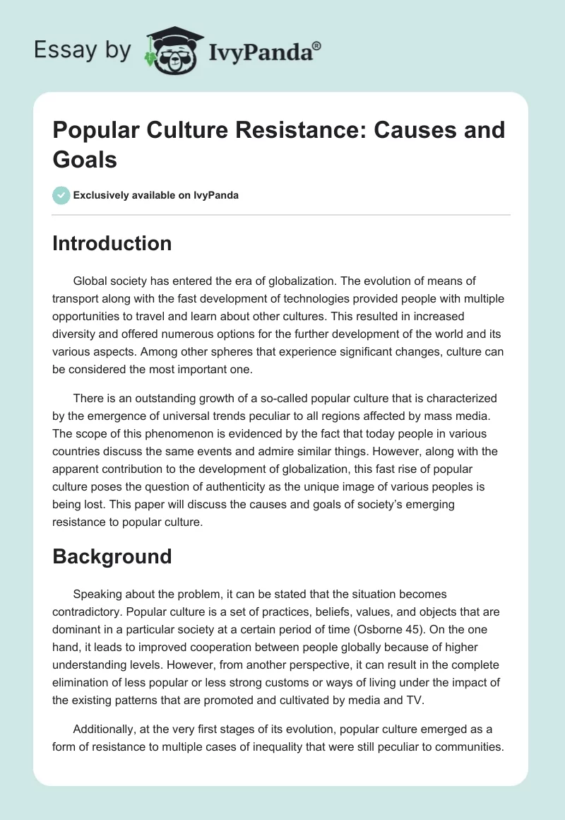 Popular Culture Resistance: Causes and Goals. Page 1