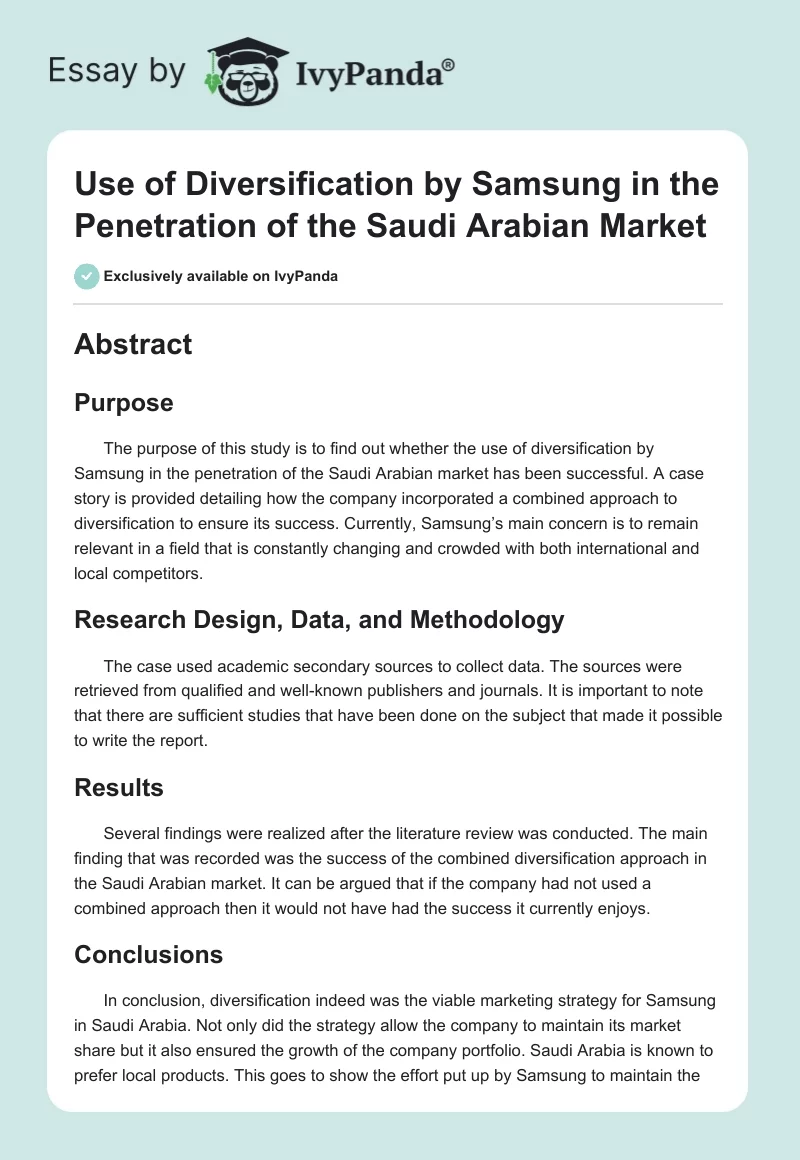 Use of Diversification by Samsung in the Penetration of the Saudi Arabian Market. Page 1