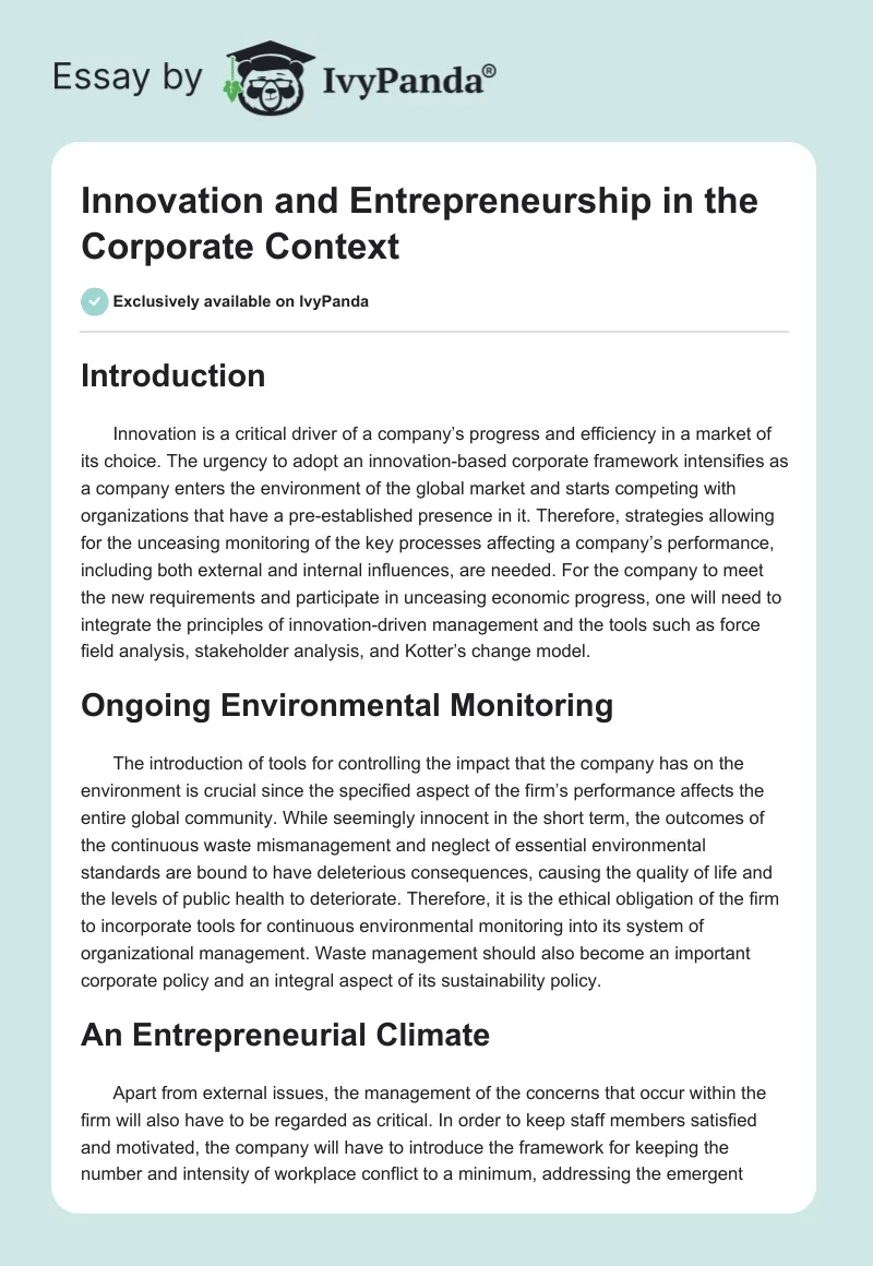 Innovation and Entrepreneurship in the Corporate Context. Page 1