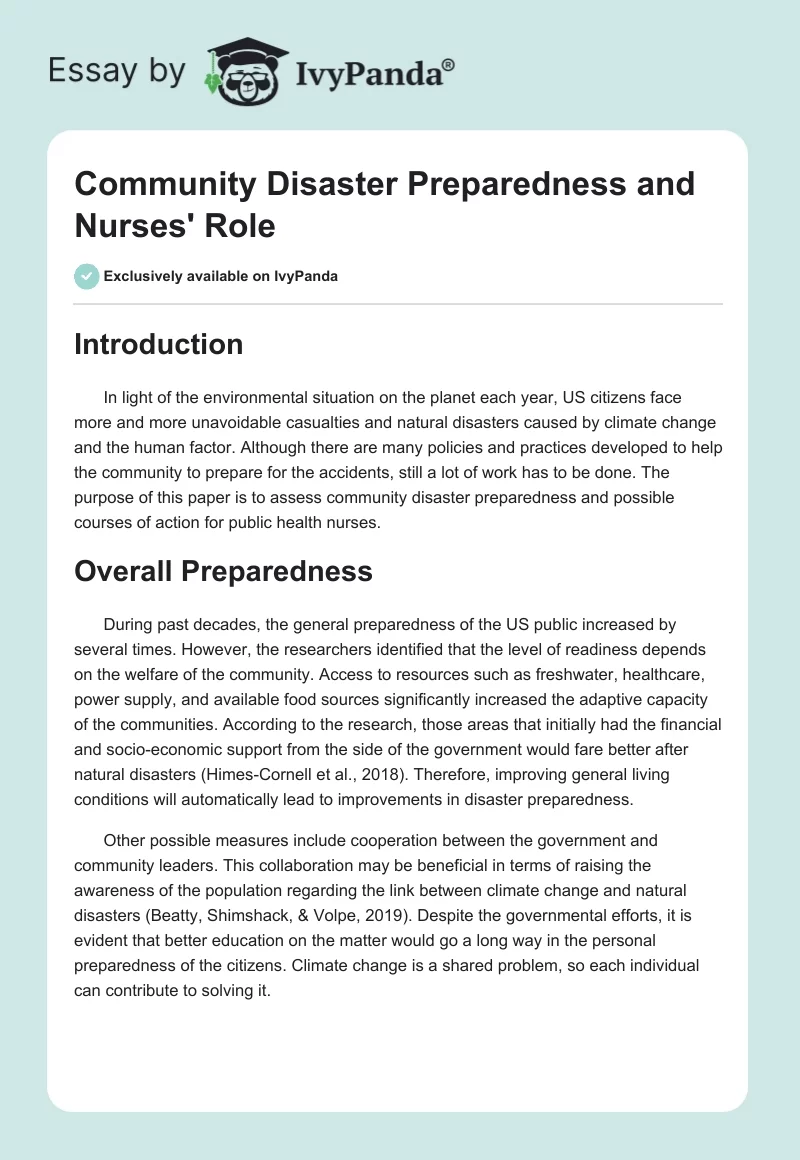 Community Disaster Preparedness and Nurses' Role. Page 1