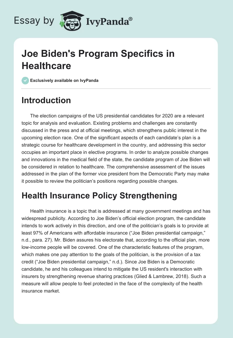 Joe Biden's Program Specifics in Healthcare. Page 1