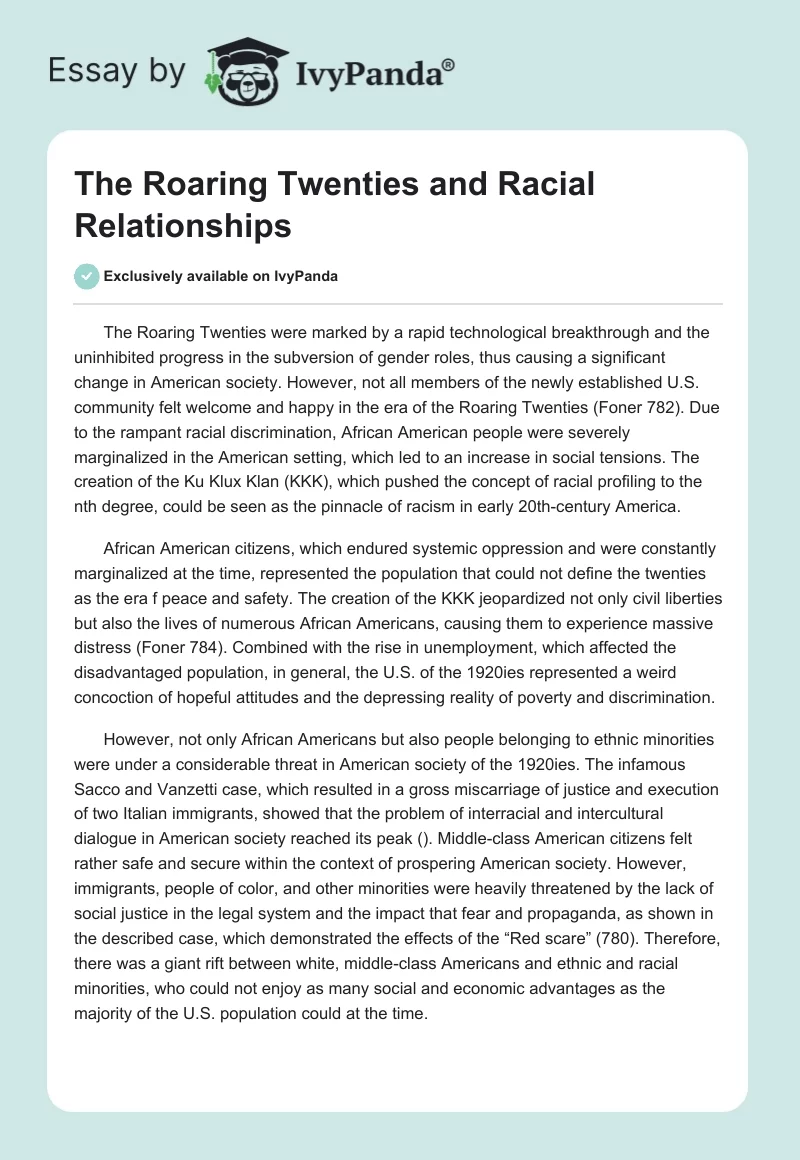 The Roaring Twenties and Racial Relationships. Page 1