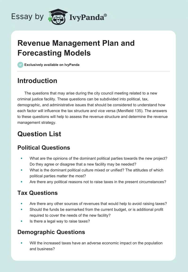 Revenue Management Plan and Forecasting Models. Page 1