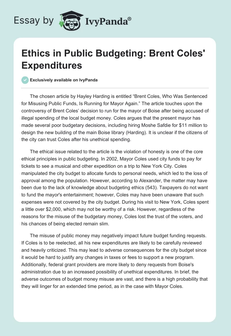 Ethics in Public Budgeting: Brent Coles' Expenditures. Page 1