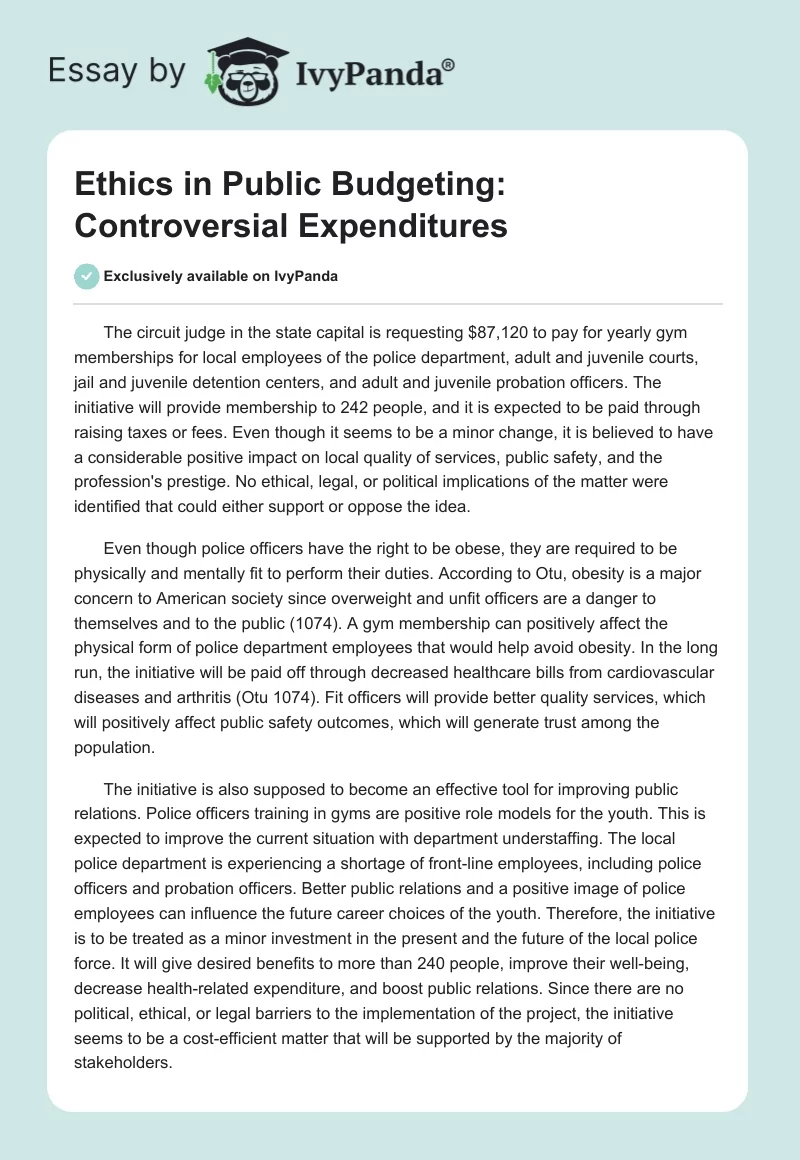 Ethics in Public Budgeting: Controversial Expenditures. Page 1