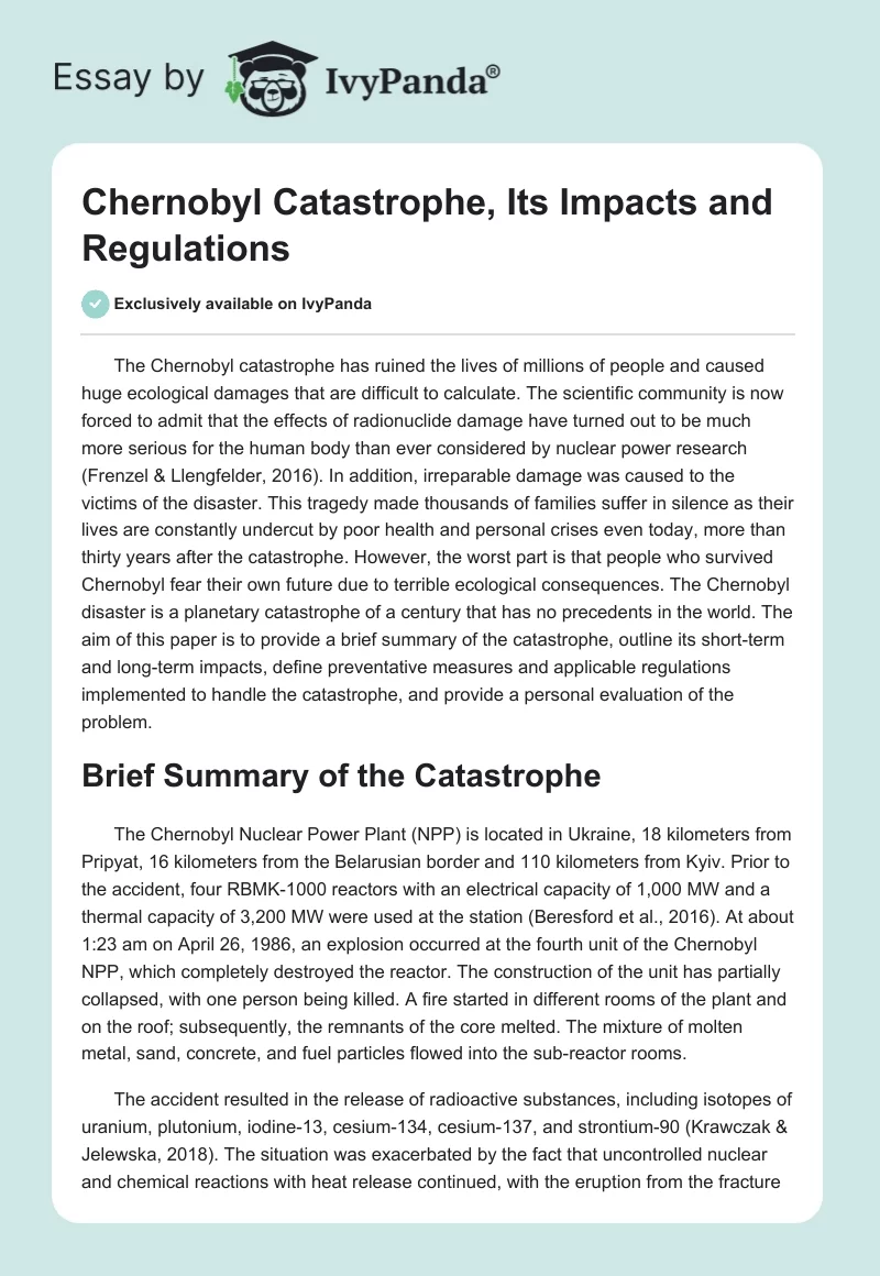 Chernobyl Catastrophe, Its Impacts and Regulations. Page 1
