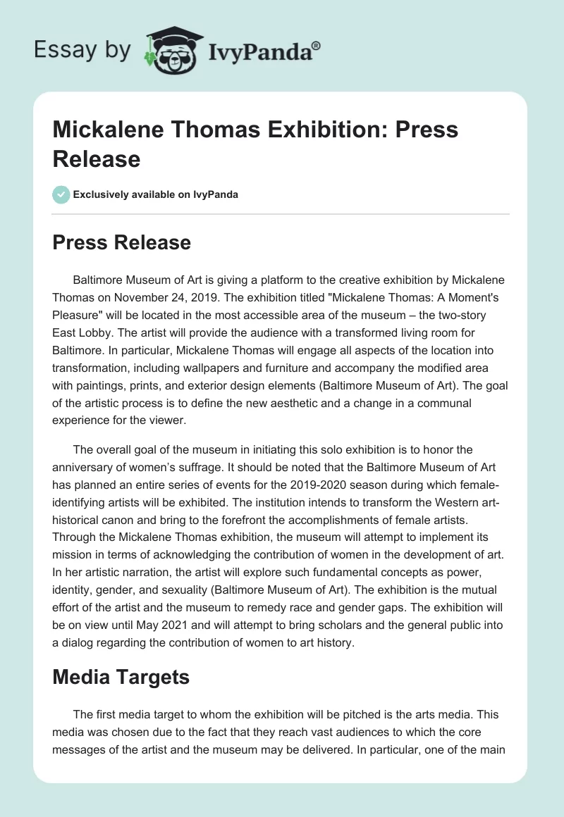 Mickalene Thomas Exhibition: Press Release. Page 1