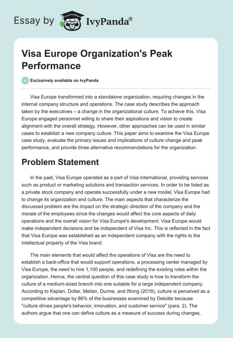 Visa Europe Organization's Peak Performance. Page 1