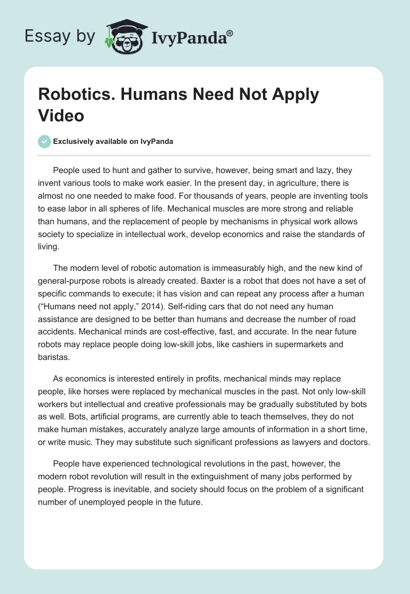 Robotics. "Humans Need Not Apply" Video. Page 1