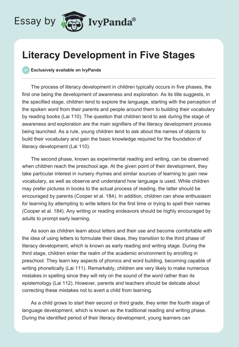 Literacy Development in Five Stages. Page 1