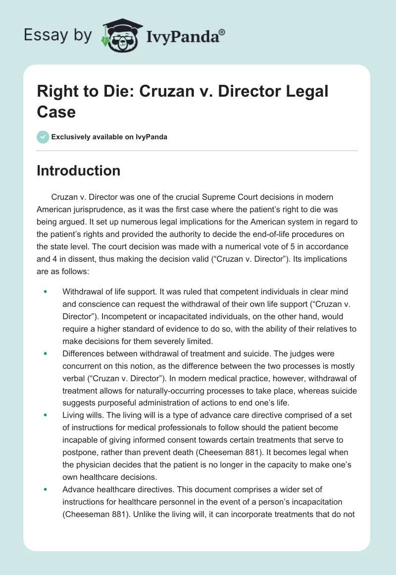 Right to Die: Cruzan v. Director Legal Case. Page 1