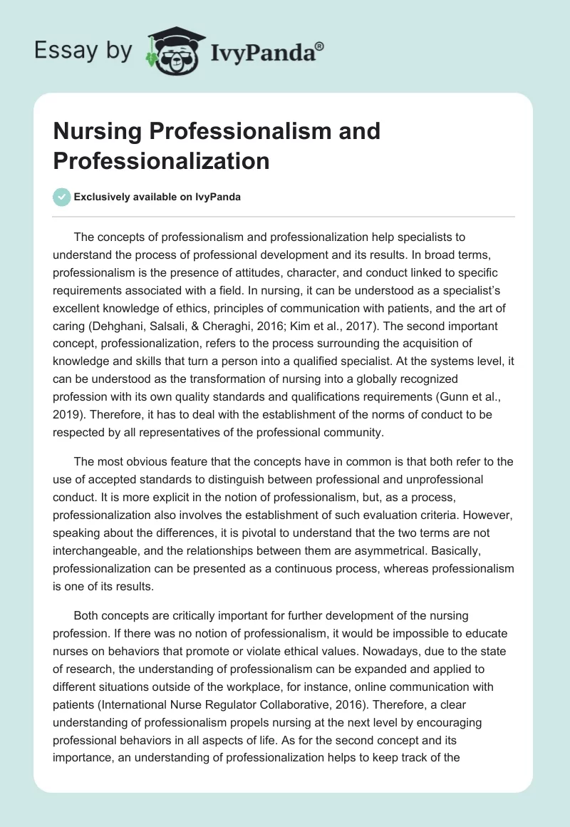 Nursing Professionalism and Professionalization. Page 1