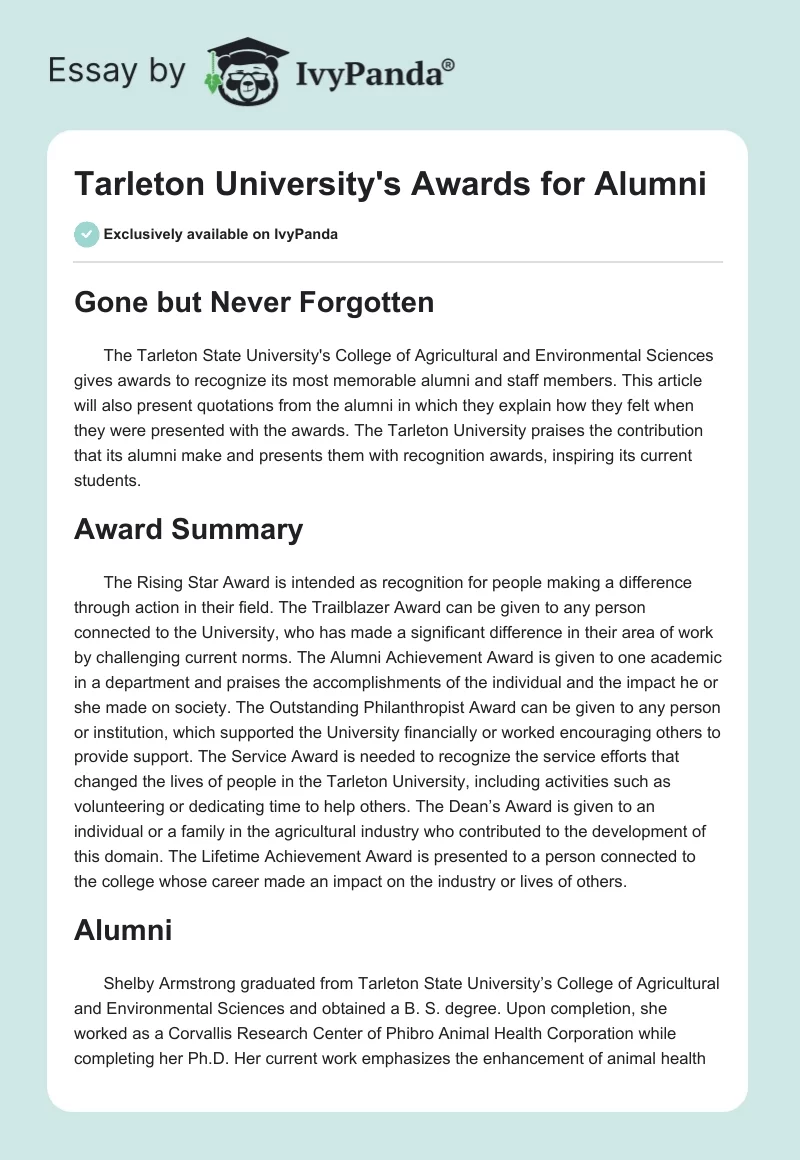 Tarleton University's Awards for Alumni. Page 1