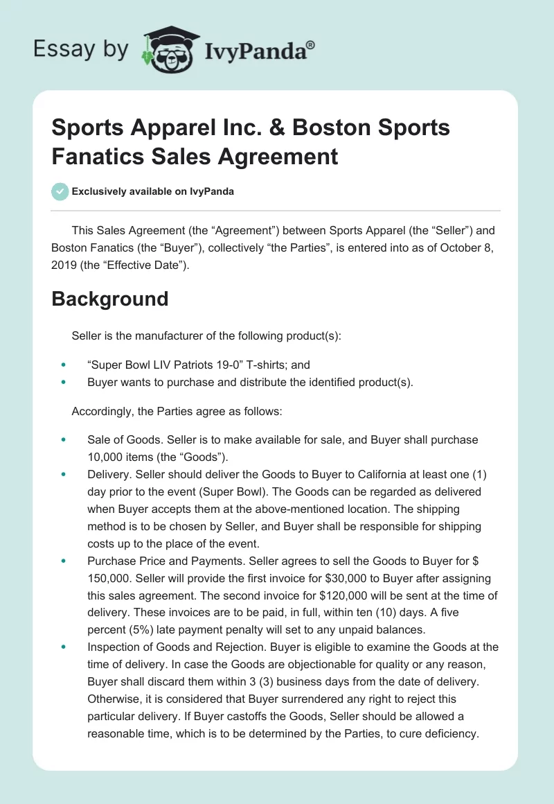 Sports Apparel Inc. & Boston Sports Fanatics Sales Agreement. Page 1