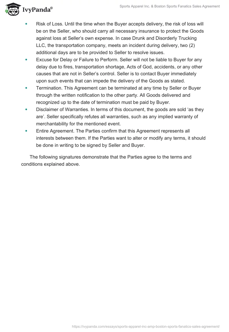 Sports Apparel Inc. & Boston Sports Fanatics Sales Agreement. Page 2