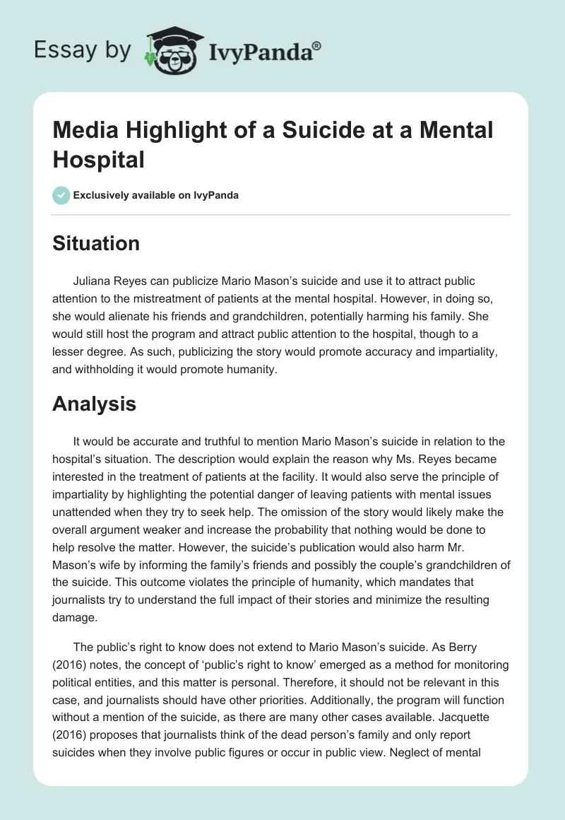 Media Highlight of a Suicide at a Mental Hospital. Page 1
