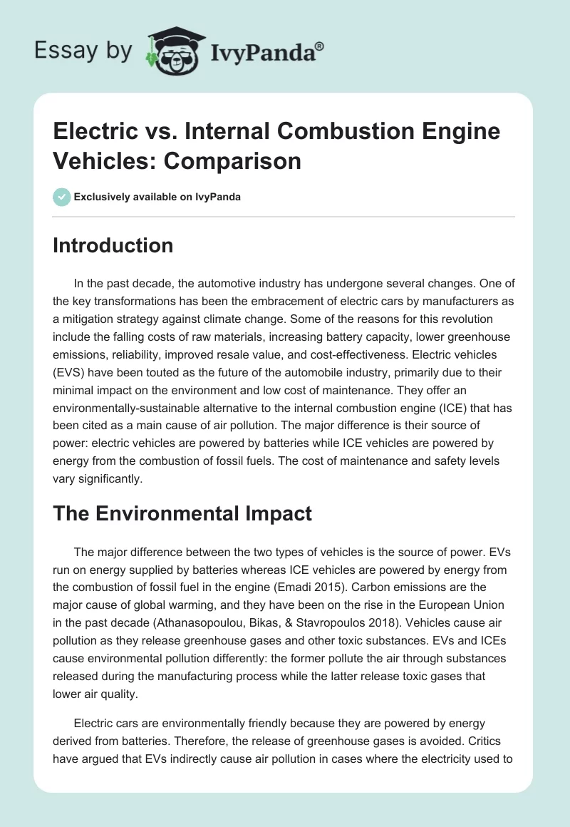 Electric vs. Internal Combustion Engine Vehicles: Comparison. Page 1