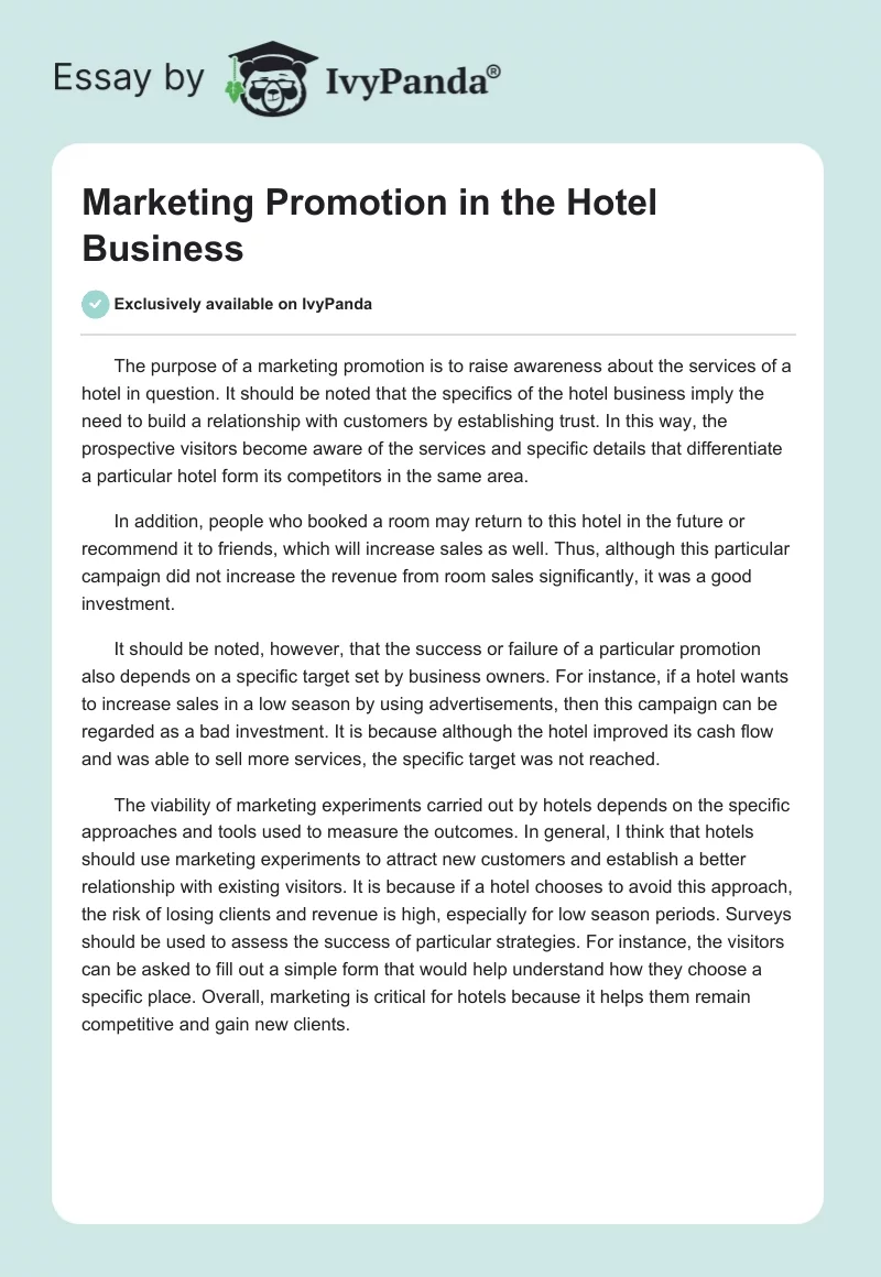 Marketing Promotion in the Hotel Business. Page 1