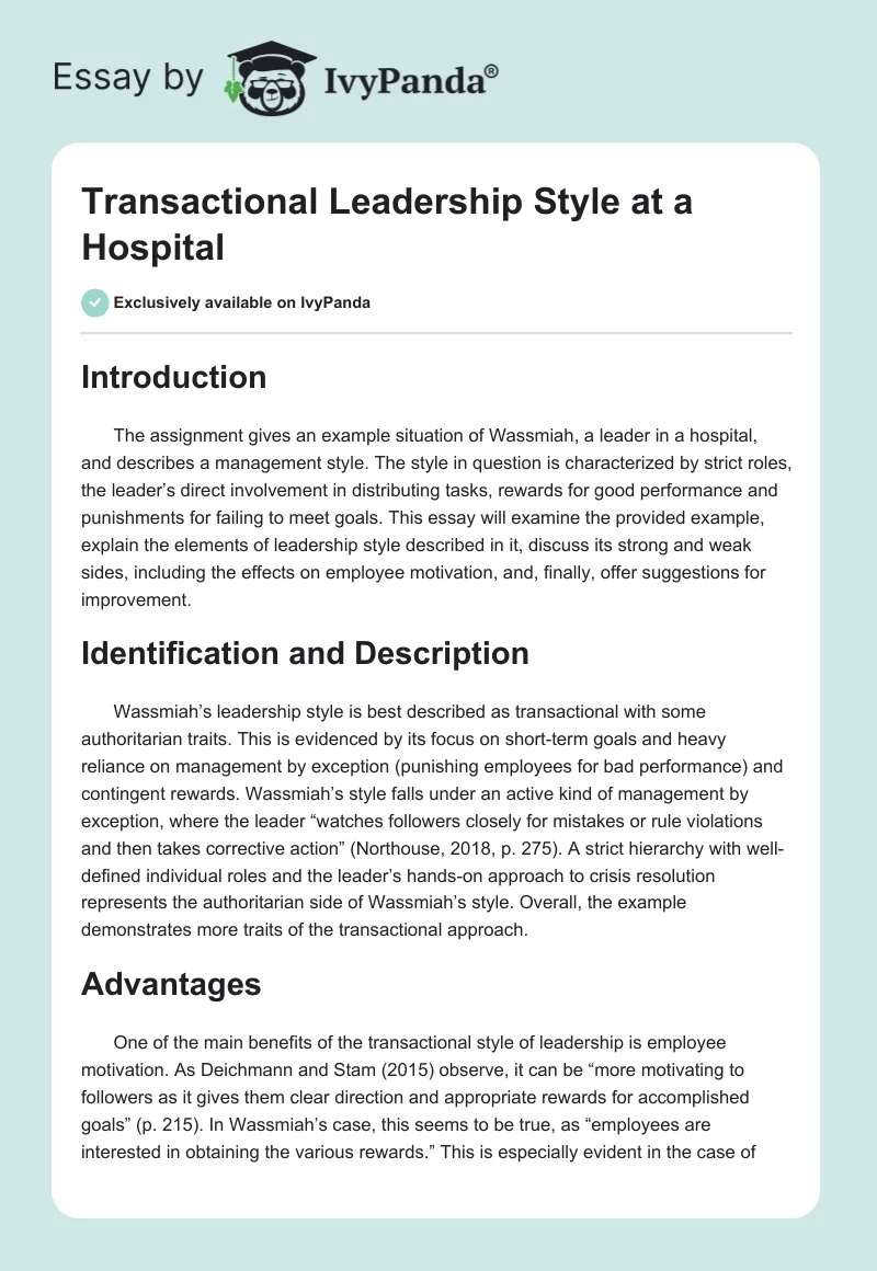 Transactional Leadership Style at a Hospital. Page 1
