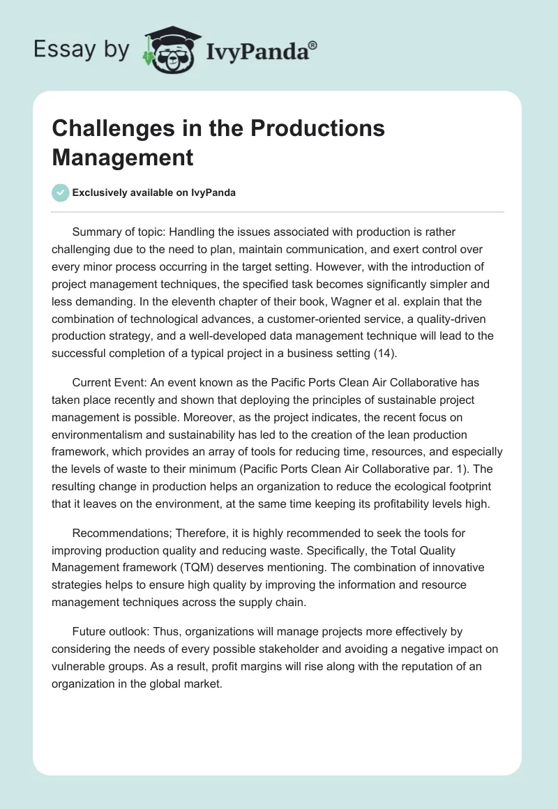 Challenges in the Productions Management. Page 1