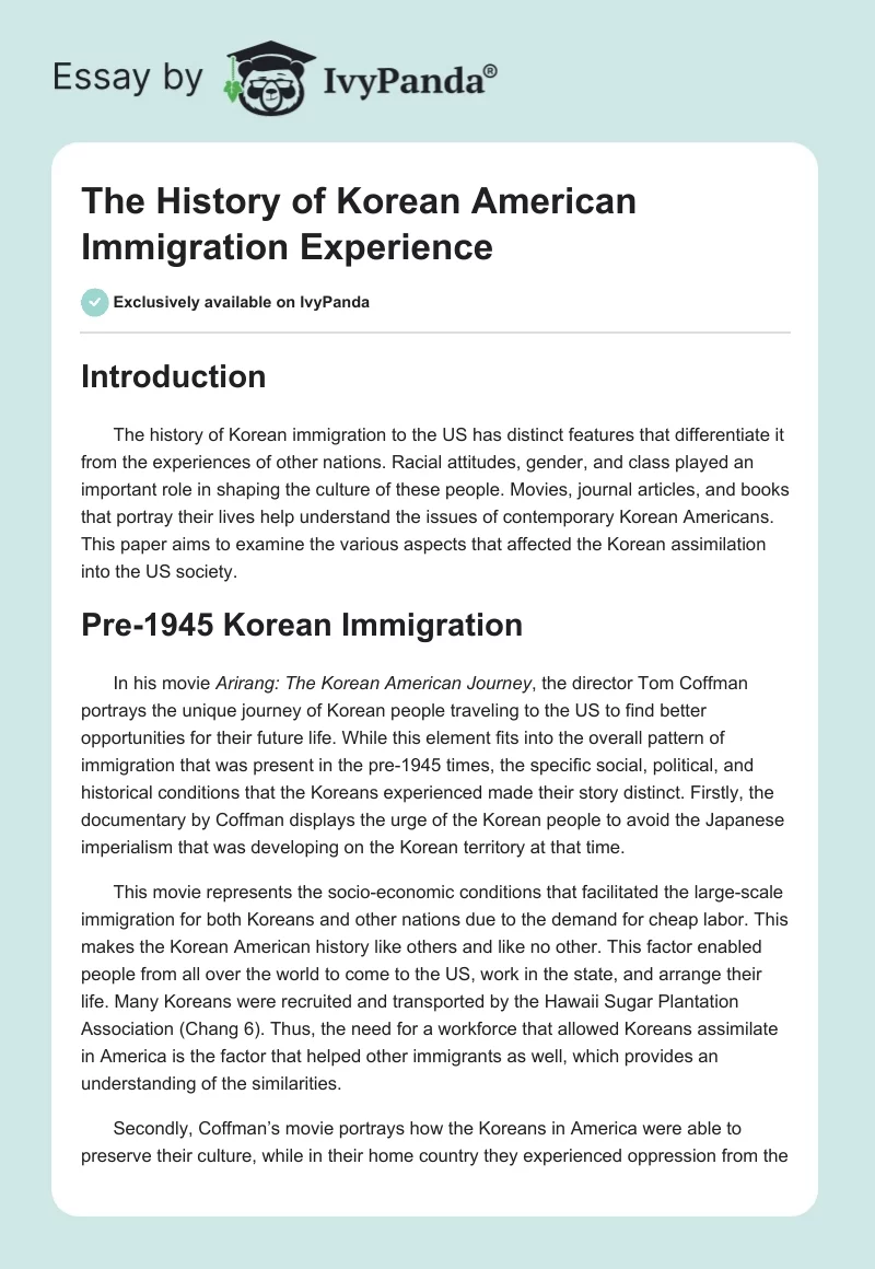 The History of Korean American Immigration Experience. Page 1
