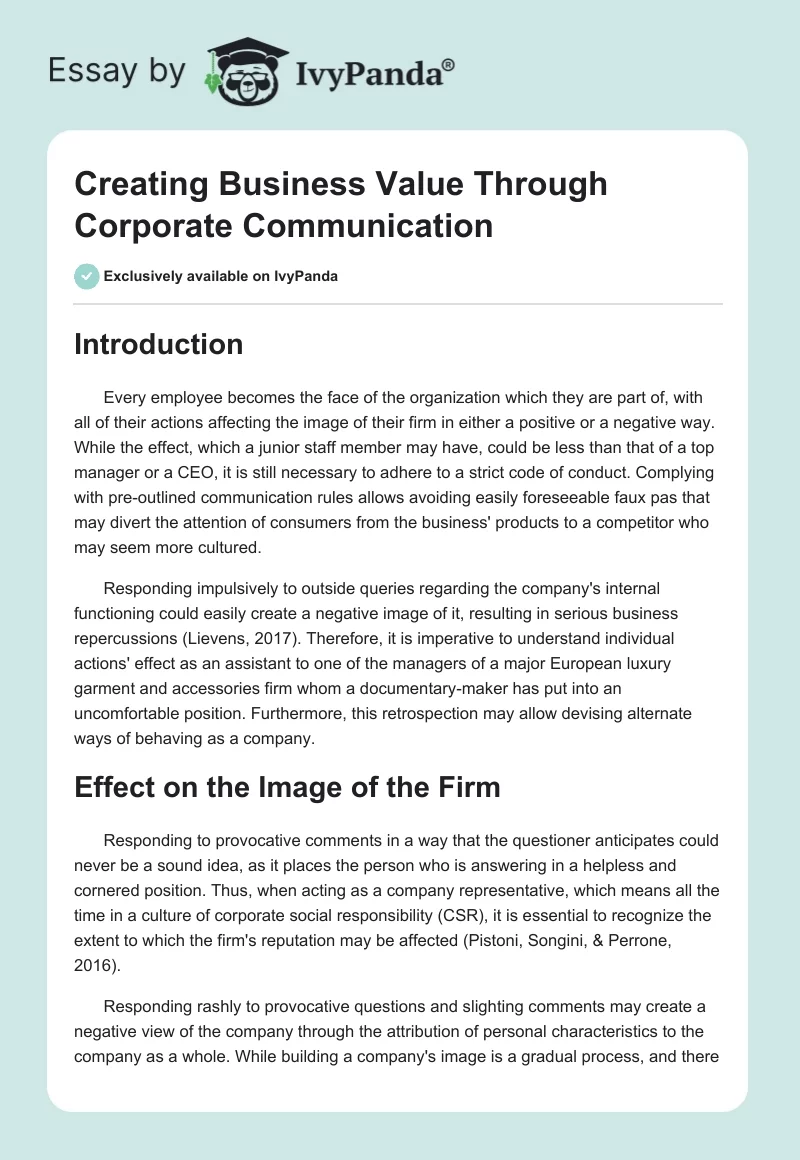 Creating Business Value Through Corporate Communication. Page 1
