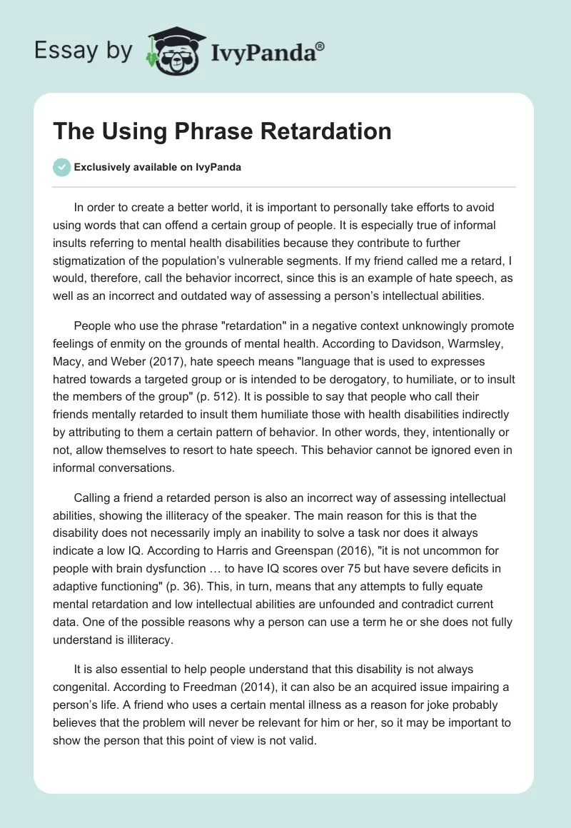 The Using Phrase "Retardation". Page 1