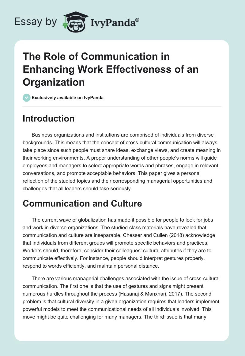 The Role of Communication in Enhancing Work Effectiveness of an Organization. Page 1