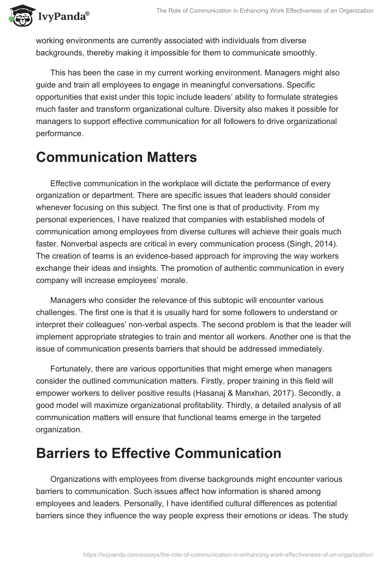 The Role of Communication in Enhancing Work Effectiveness of an Organization. Page 2