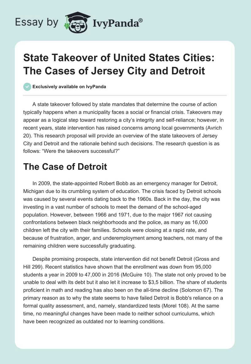 State Takeover of United States Cities: The Cases of Jersey City and Detroit. Page 1