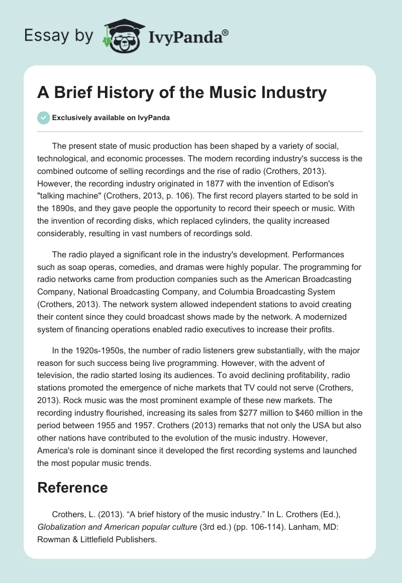 A Brief History of the Music Industry. Page 1