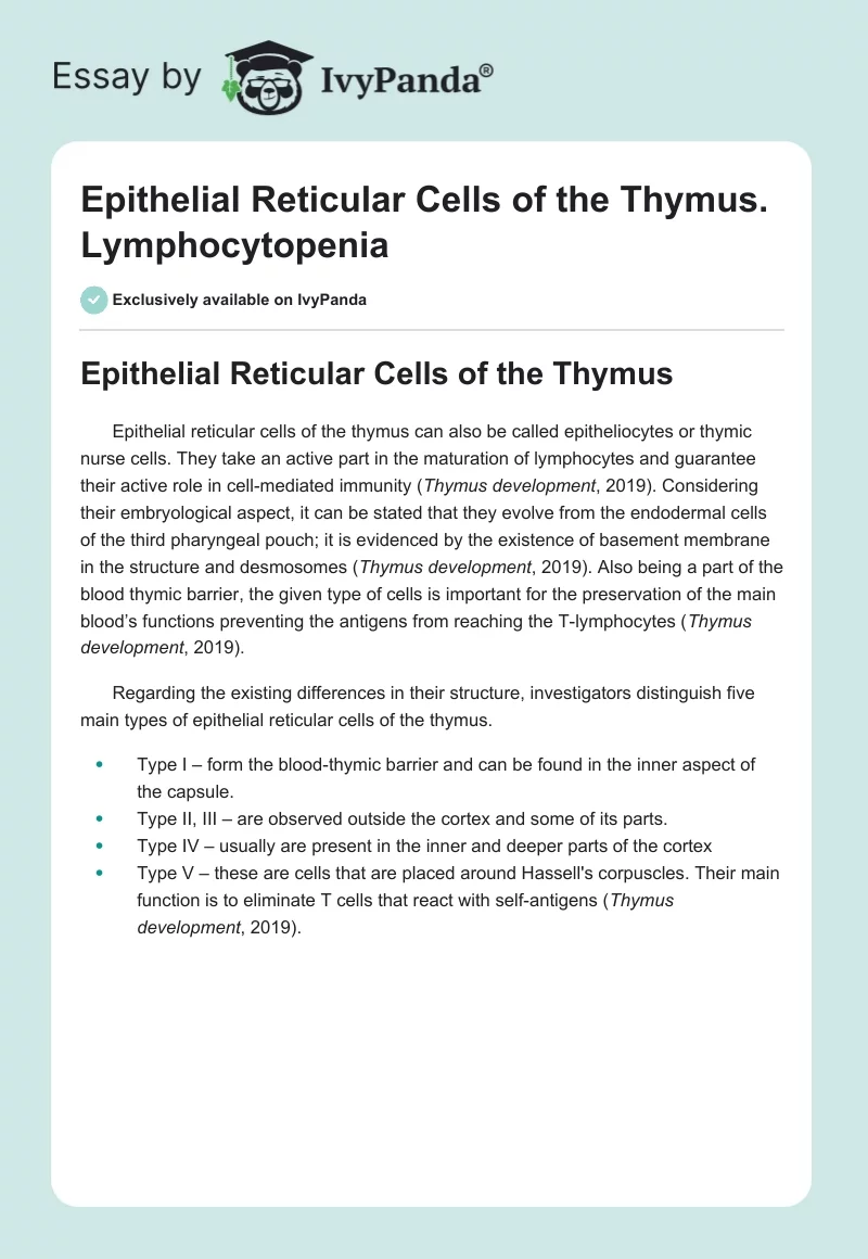 Epithelial Reticular Cells of the Thymus. Lymphocytopenia. Page 1