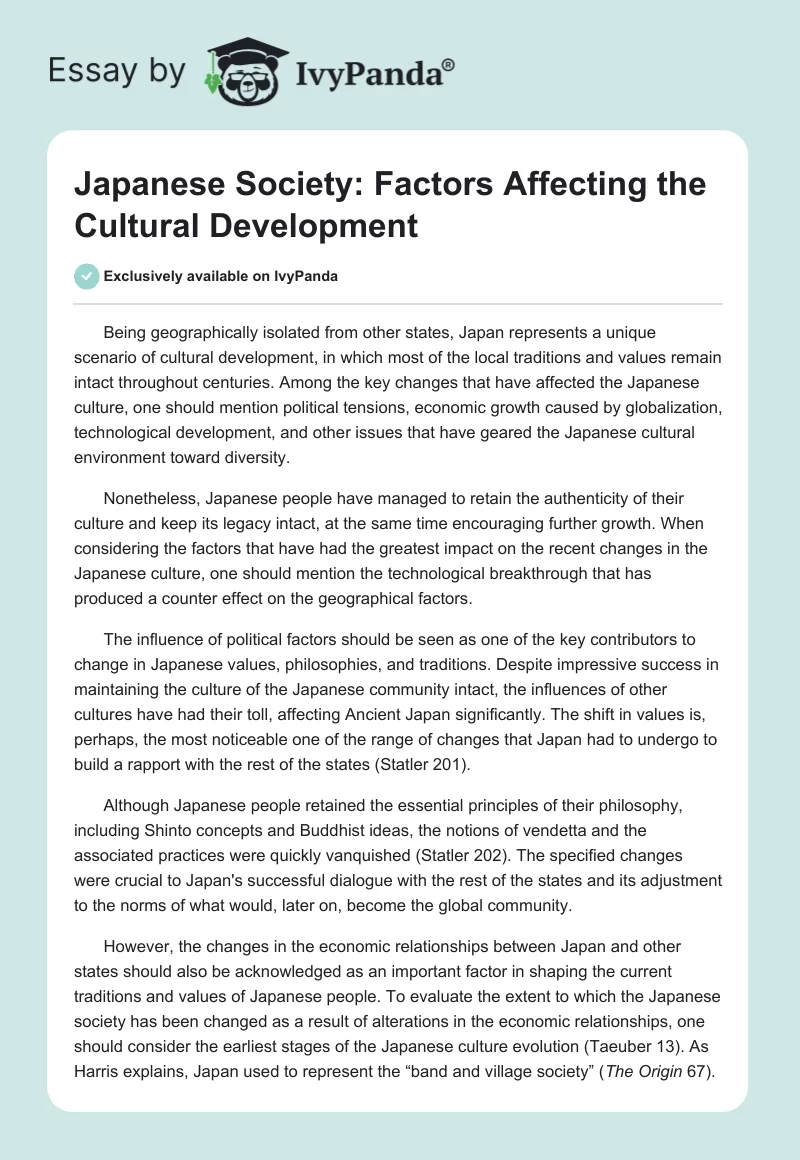 Japanese Society: Factors Affecting the Cultural Development. Page 1