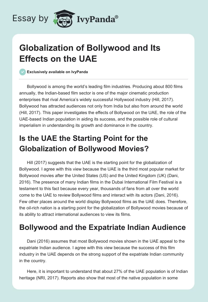 Globalization of Bollywood and Its Effects on the UAE. Page 1