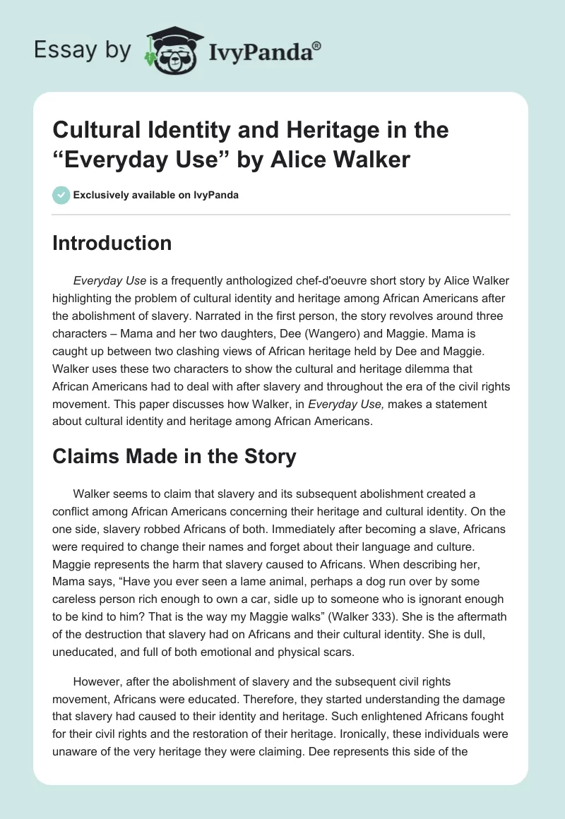 Cultural Identity and Heritage in the “Everyday Use” by Alice Walker. Page 1