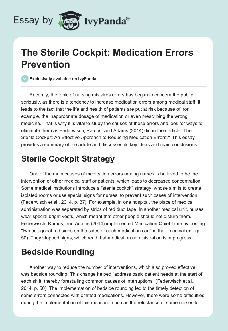 The Sterile Cockpit: Medication Errors Prevention. Page 1