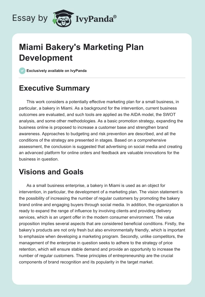 Miami Bakery's Marketing Plan Development. Page 1