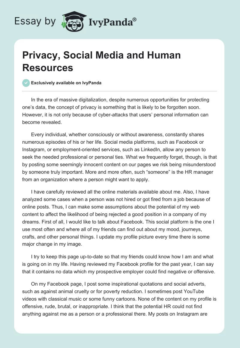 Privacy, Social Media and Human Resources. Page 1