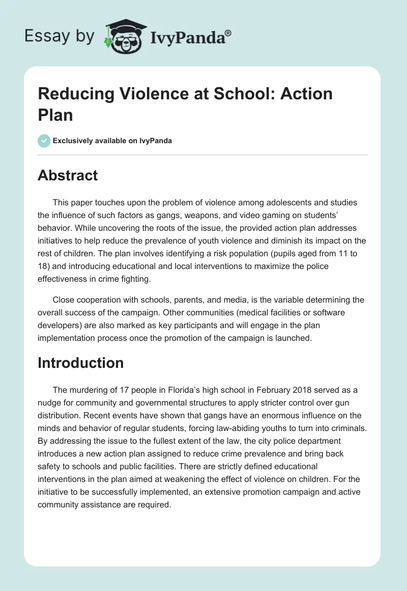 Reducing Violence at School: Action Plan. Page 1