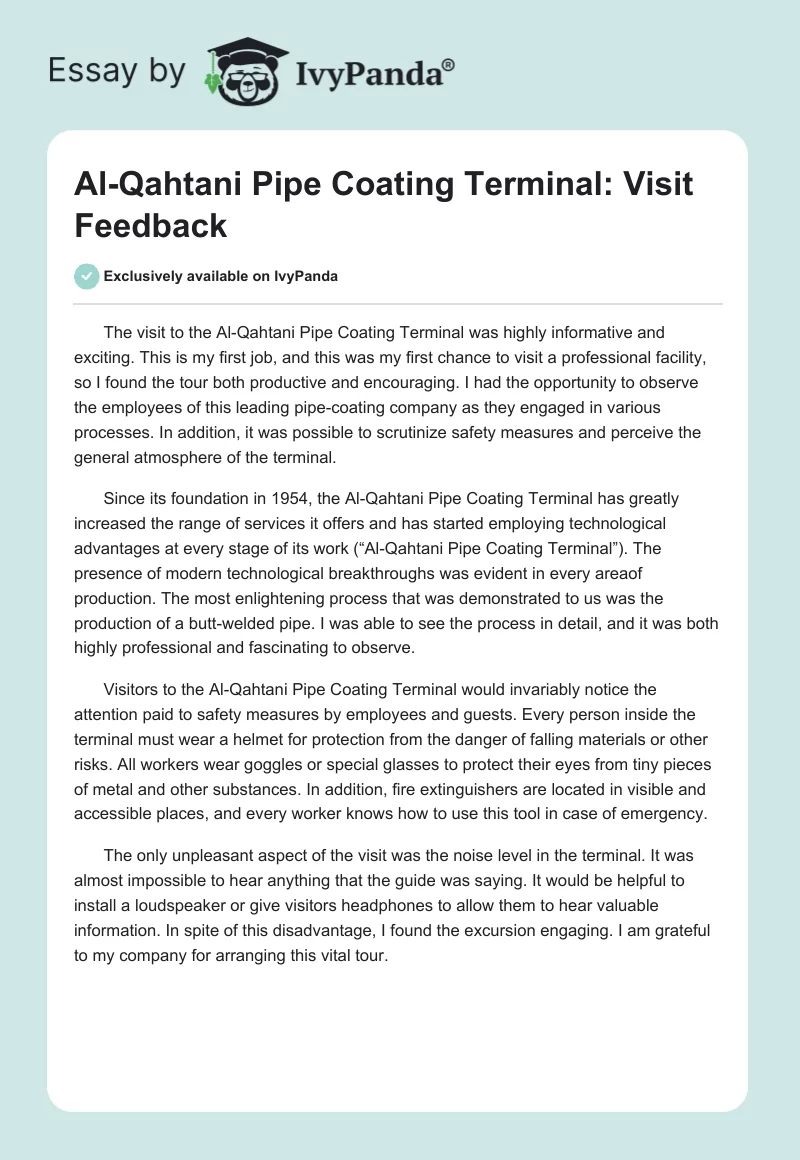 Al-Qahtani Pipe Coating Terminal: Visit Feedback. Page 1