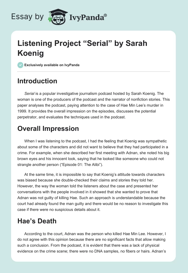 Listening Project “Serial” by Sarah Koenig. Page 1