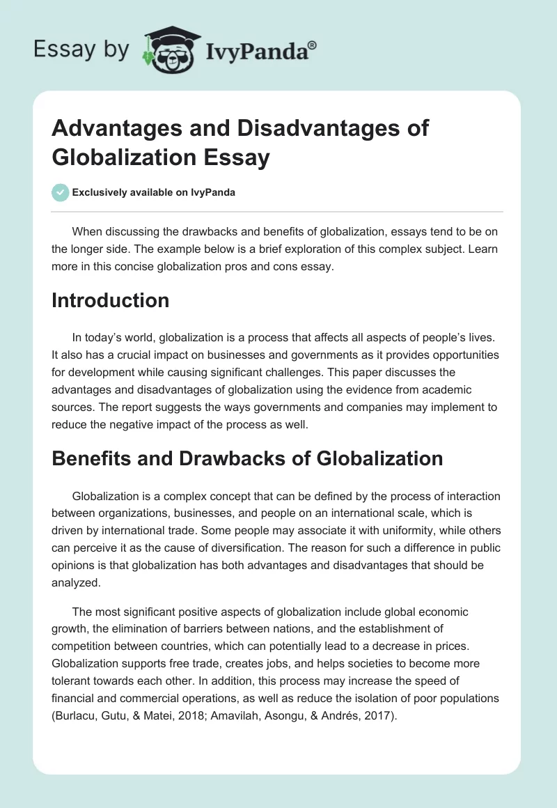 Advantages and Disadvantages of Globalization Essay. Page 1