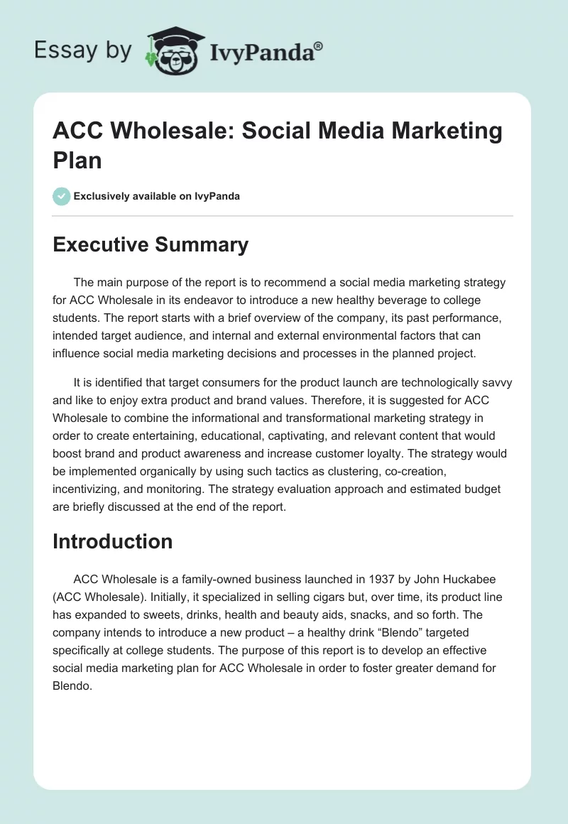 ACC Wholesale: Social Media Marketing Plan. Page 1